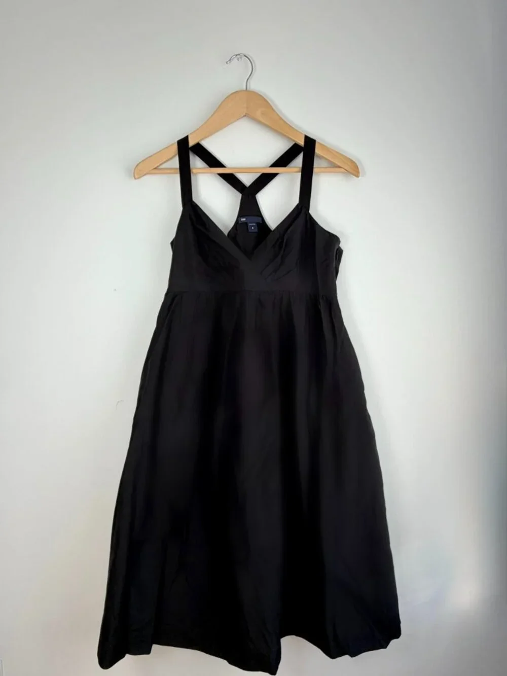 GAP Cross Back Babydoll Silk Cotton Cocktail Dress Black Midi Women's - 6 - Picture 1 of 8
